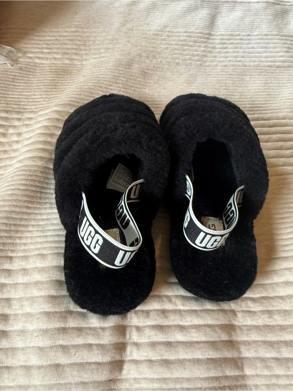 UGG Kids Black Fuzzy Slide Sandals with Branded Heel Strap